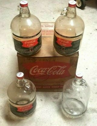 Vintage 1960s (4) Coca - Cola 1 Gallon Glass Syrup Jugs W/ Box (bottles)