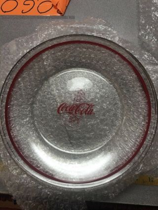 4 10” 1 - 8” Anchor Hocking Coca Cola Dinner Plates Clear Glass With Red Band