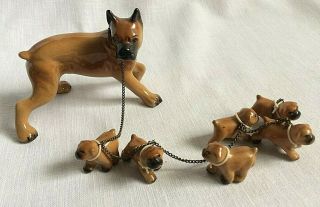 Vintage Bone China Boxer Mom Dog And 6 Puppies Black Muzzle And Fawn Dogs