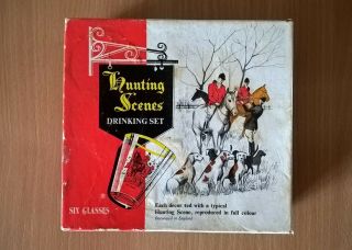 Vintage Hunting Scenes Set Of 6 Tot Shot Glasses Horse Hounds Boxed 1960s