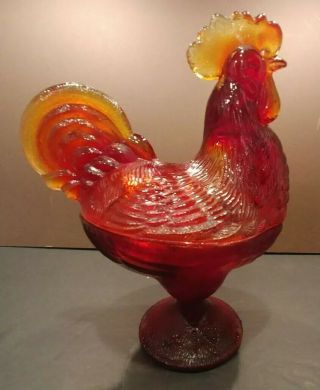 Vintage Amberina Glass Rooster 2 Piece Hen On Nest Covered Dish Standing - Footed