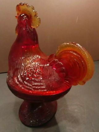 Vintage Amberina Glass Rooster 2 piece Hen On Nest Covered Dish Standing - Footed 4