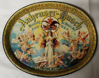 Anheuser - Busch Brewing Beer Oval Serving Tray Cherubs Angels With Bottles Eagle