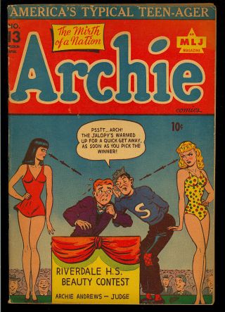 Archie Comics 13 Unrestored Golden Age Mlj Teen Comic 1945 Vg,