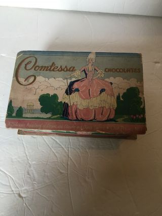 1934 Vintage Comtessa Chocolate Box Cardboard French Lady Pink Blue