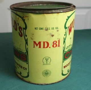 WOODFIELDS FISH & OYSTER CO GALESVILLE MD OYSTER TIN CAN GALLON MD 81 2