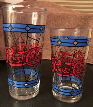 Vintage Pepsi Cola Blue Red Stained Glass Style Flared Glasses 2 Sizes Pretty