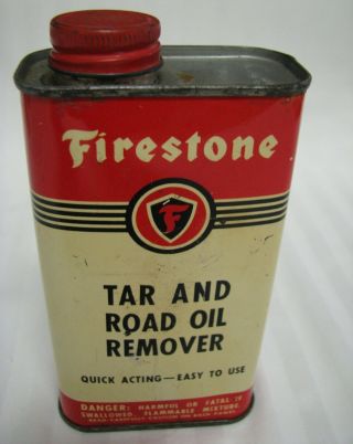 Vintage Firestone Oil Can Tin Akron,  Oh.  Tar & Road Oil Remover