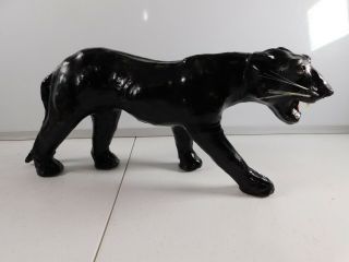 Vintage Black Panther Leather Figure Animal Sculpture Glass Eyes 14.  5 " X 8 "