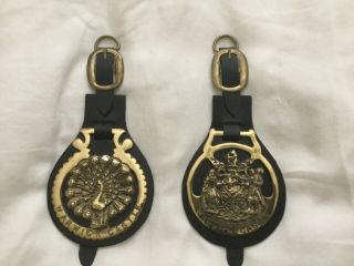 Horse Brasses.  Set.  Of (2) Leather Straps With (1) Horse Brass On Each