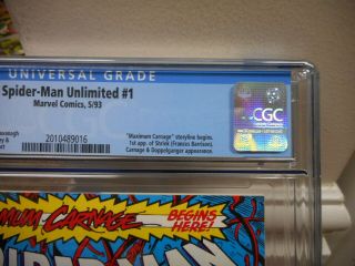 Spiderman Unlimited 1 cgc 9.  8 Marvel 1993 1st appearance Shriek Maximum Carnage 4