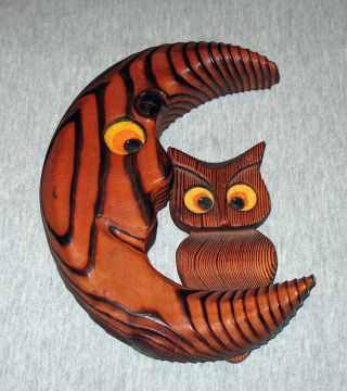 Vintage Carved Cryptomeria Wood Owl & Man In The Moon Wall Hanging