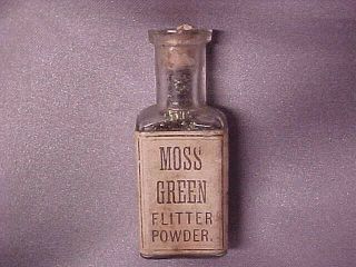 Antique Small Glass Bottle Moss Green Flitter Powder Fw Devoe & Co Ny Fship