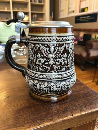 Vintage Erbo Zinn Brown Ceramic German Lidded Beer Stein With Intricate Raised