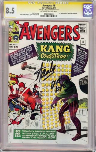 Avengers 8 " 1st Kang Conqueror " (1964) Cgc 8.  5 Ss Signed Stan Lee & Dick Ayers