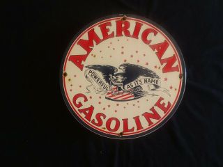 Vintage American Gasoline Powerful As Its Name Gas / Oil Porcelain Gas Pump Sign