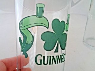 Two (2) Pint Guinness Beer Glasses W/ Green Toucans And Shamrock,  Gold Harp
