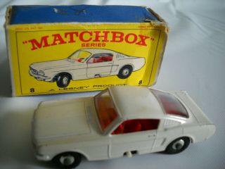 Vintage 1966 Matchbox 8 White Mustang Fastback W/ Orig E4 Box -