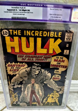 Incredible Hulk Cgc 1 1962.  Apparent G 1.  8 Slight (a).  Restored