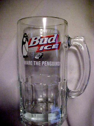 1996 Dooby Dooby Doo Bud Ice Beware The Penguins 32 Oz Handled Beer Mug,  Glass
