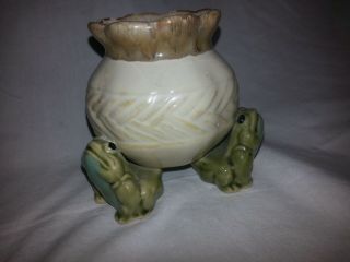 Vintage Three Green Frogs Planter Flower Pot Glazed Ceramic