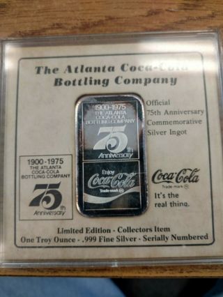 Coca Cola Collectibles 1 Oz.  Silver Bar 75th.  Anniversary 1900 - 1975