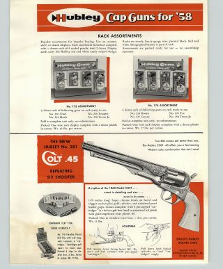 1958 Paper Ad 4 Pg Hubley Toy Cap Guns Colt.  45 Six Shooter Pistol Texan Holster