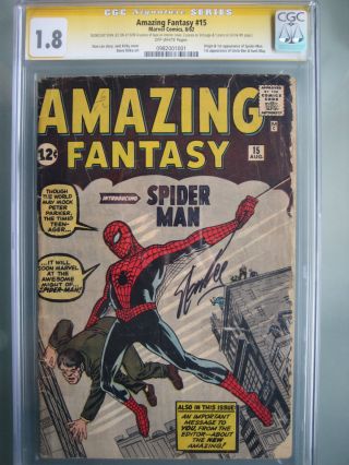 Fantasy 15 Cgc 1.  8 Ss Signed Stan Lee Origin & 1st Spider - Man