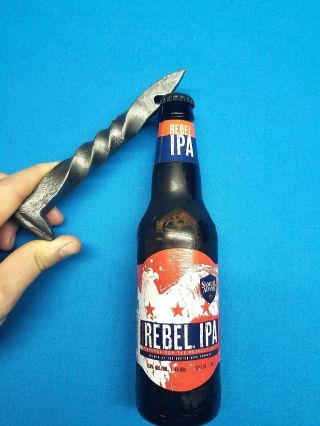 Custom Hand Forged Twisted Metal Bottle Opener,  Railroad Spike,  5 Beer / Soda