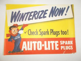 Rare Vtg Jonnie Plug - Chek Auto Lite Spark Plugs Litho Paper Sign Ad Winterize