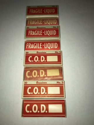 Vintage Dennison Labels,  No 5 C.  O.  D.  & No.  8 Fragile - Liquid