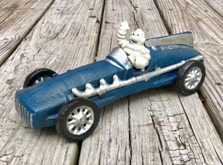 Michelin Man Bibendum Vintage Cast Iron Blue Race Car