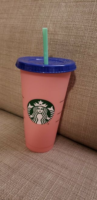 Starbucks Color Changing Reusable 1 Rose Pink Color Cup With Lid & Straw
