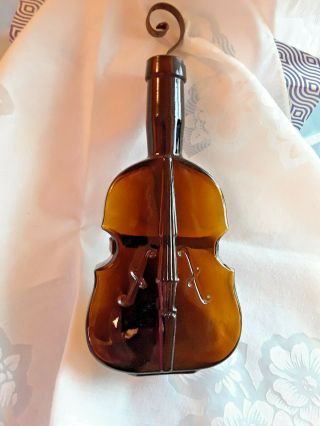 Vintage Violin Figural Glass Bottle 7 1/2 " Amber With Hanger