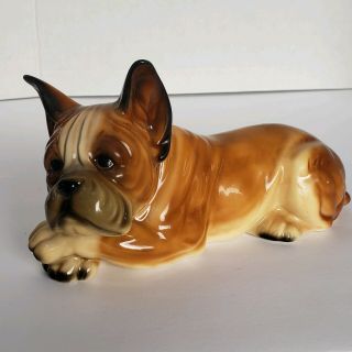 Vintage Mid Century Boxer Dog Ceramic Figurine 9.  5 " L Sweet Sad Face Laying Down
