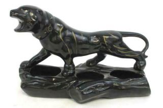 Vintage Black Panther Ceramic Figure Planter 3 Hole Gold Stripes