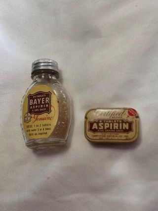 Vintage Mini Bayer Aspirin Bottle And Certified Aspirin Tin