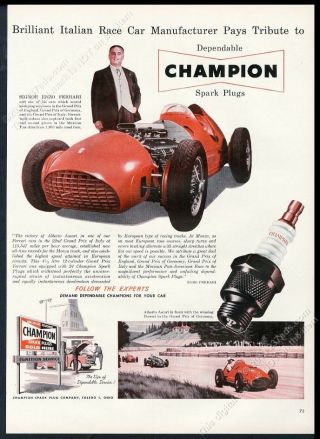 1952 Enzo Ferrari Race Car Photo Champion Spark Plugs Vintage Print Ad