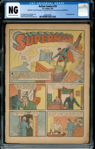 Action Comics 10 Cgc Ng Coverless Dc 1939 3rd Superman Cvr Scarce Siegel Shuster