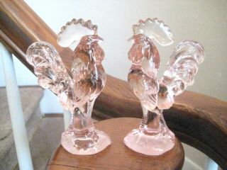 Two Matching Pair Pink Glass Rooster Figurines,  Unmarked