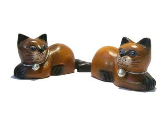 Wooden Pairs Cat Sitting Hand Carve Statue Figurine Crafted Home Decor So Cute