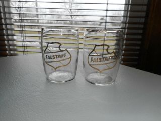 2 Vintage Falstaff Beer Barrel Glasses Shot 3 " Tall - Gold Rimmed