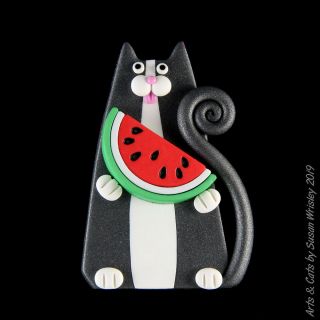 Skinny Silver Tuxedo Kitty Cat With Watermelon Slice Pin - Swris