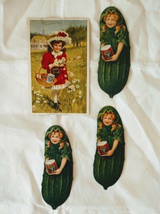 3 Heinz Pickles With Ladies - 1 Trade Card Advertisement -