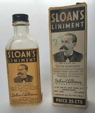 Vintage Sloan’s Liniment Bottle & Box W Paper Label Embossed Letters