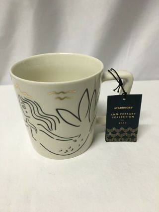 Starbucks Coffee Cup Siren Mermaid Etching 2017 Anniversary 12 Oz White/gold