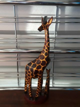 Carved Wood Giraffe Mom And Baby Statue / Figurine