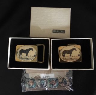 2 Vintage Solid Brass Barlow Horse Belt Buckles With Story Horse Bracelet