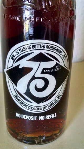 1979 Orangburg Coca - Cola Bottling Co Inc 75th Anniversary 1904 - 1979 10 Oz Bottle