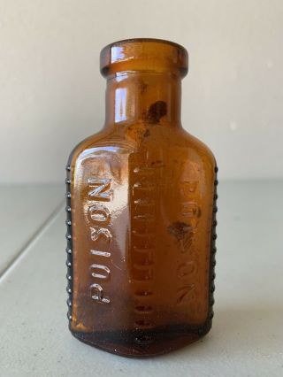 Old C1900 Embossed Amber Poison Bottle 3.  75” Tall No Chips Or Cracks
